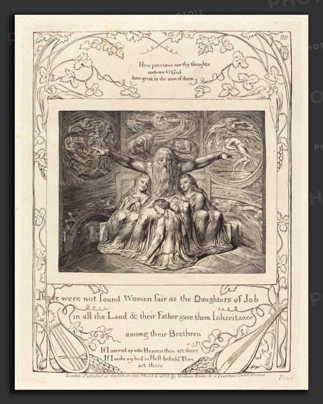 William Blake (British, 1757 - 1827), Job and His Daughters, 1825, engraving on India paper