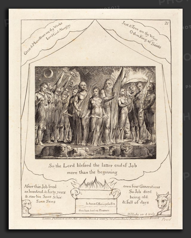 William Blake (British, 1757 - 1827), Job and His Wife Restored to Prosperity, 1825, engraving on India paper