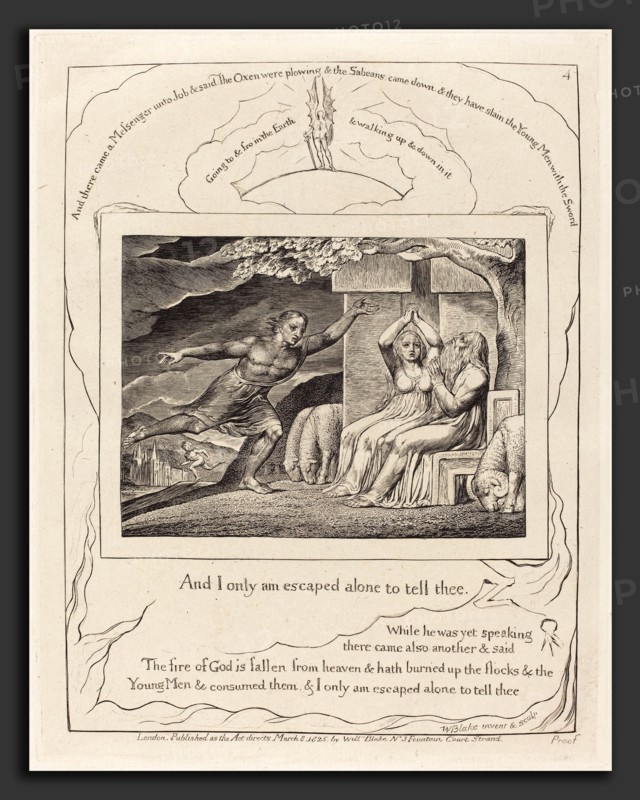 William Blake (British, 1757 - 1827), The Messengers Tell Job of His Misfortunes, 1825, engraving on India paper