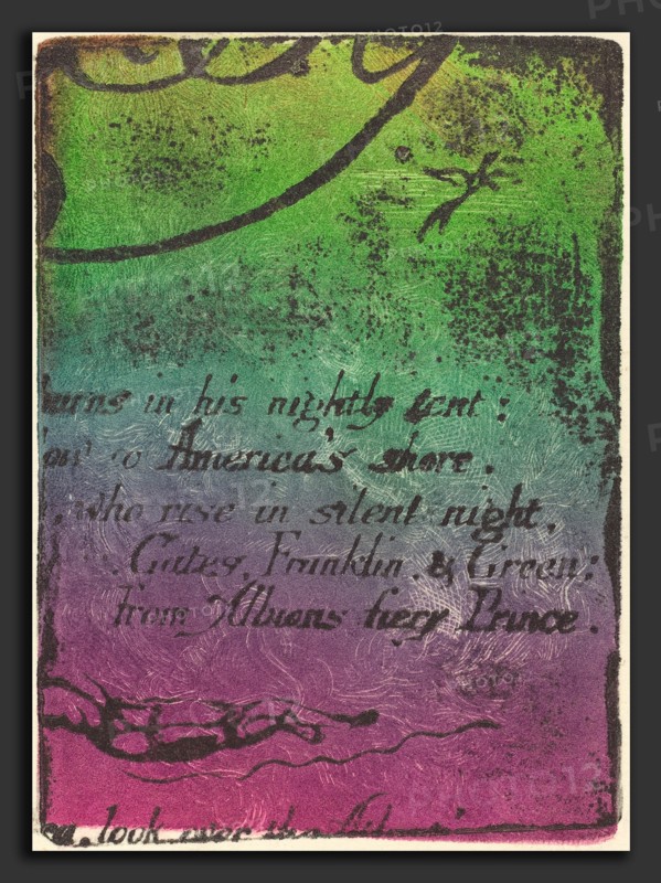 William Blake (British, 1757 - 1827), Restrike from fragment of cancelled plate for"A Prophecy", 1793, relief etching; plate inked from a very stiff piece of card with ink rolled on to that in graduated color