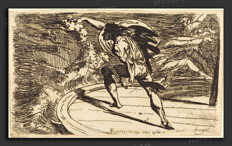 Alexander Runciman (Scottish, 1736 - 1785), Cormar Attacking the Spirit of the Waters, etching
