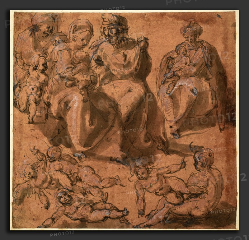 Cesare Pollini (Italian, c. 1560 - c. 1600), Studies of a Holy Family, pen and brown ink with brown and pink wash, heightened with white gouache, on laid paper washed sanguine