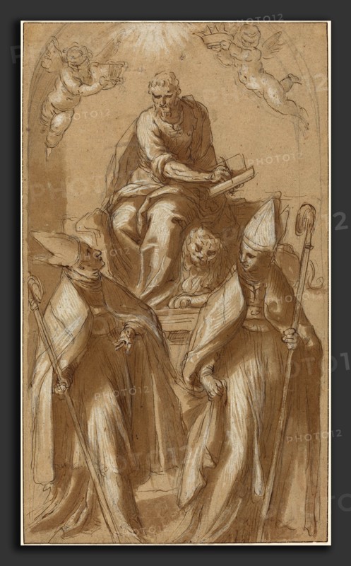 Attributed to Jacopo Palma il Giovane (Italian, 1544 or 1548 - 1628), Saint Mark with Two Bishops and Putti, c. 1580, pen and brown ink with brown wash, heightened with white, over black chalk on light brown (formerly blue) laid paper