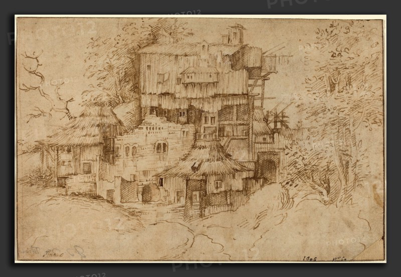 Circle of Giorgione (Italian, 1477-1478 - 1510), Rustic Houses Built among Ruins, 1510-1513, pen and brown ink on laid paper