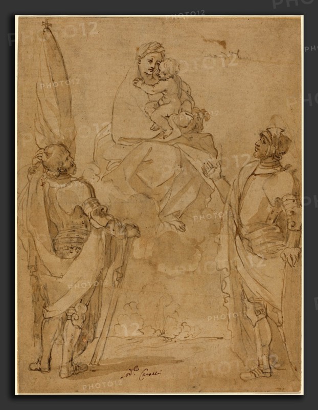 Lodovico Carracci (Italian, 1555 - 1619), The Virgin and Child Appearing to Saints George and William, pen and brown ink with brown wash over black  chalk on laid paper