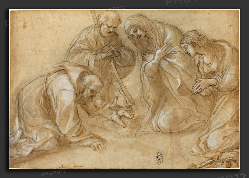 Lodovico Carracci (Italian, 1555 - 1619), The Nativity with Saints Francis and Agnes, c. 1605, pen and brown ink and brown wash with white heightening over black chalk; traces of incising