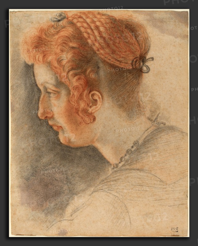 Italian 16th Century, Head of a Woman, black and red chalk with wash on laid paper