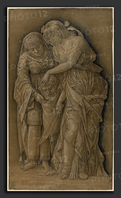 Follower of Andrea Mantegna, Judith with the Head of Holofernes, c. 1480, pen and dark brown ink with black chalk and white heightening on olive-brown prepared paper laid down on canvas