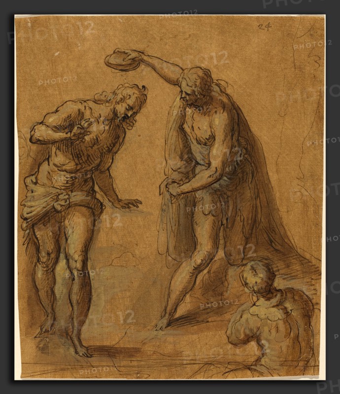 Jacopo Palma il Giovane (Italian, 1544 or 1548 - 1628), Sketch for a Baptism of Christ, pen and brown ink with brown wash  (heightened with white?) on brown washed laid paper