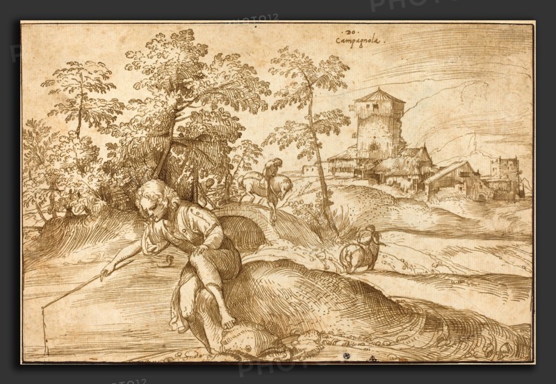 Domenico Campagnola (Italian, before 1500 - 1564), Landscape with a Boy Fishing, c. 1520, pen and brown ink on laid paper