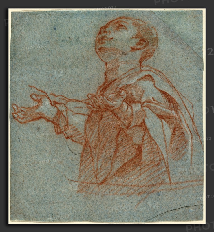 Bartolomeo Cesi (Italian, 1556 - 1629), A Boy Gazing Upward in Adoration, c. 1594, red chalk heightened with white chalk on blue laid paper
