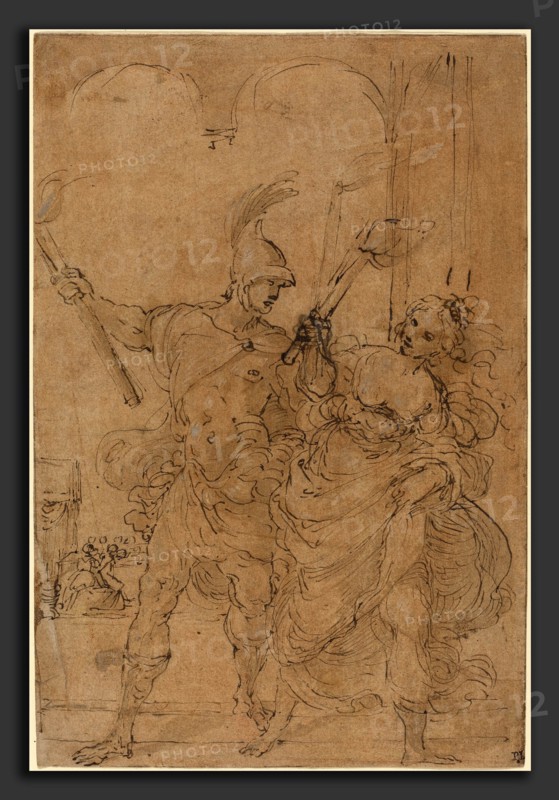 Lodovico Carracci (Italian, 1555 - 1619), Alexander and ThaÃ¯s Setting Fire to Persepolis, probably c. 1592, pen and brown ink with brown wash and white heightening on paper washed orange-brown