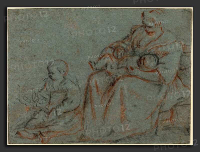 Gerolamo Bassano (Italian, 1566 - 1621), Domestic Scene, red, black, and white chalk on blue-gray paper