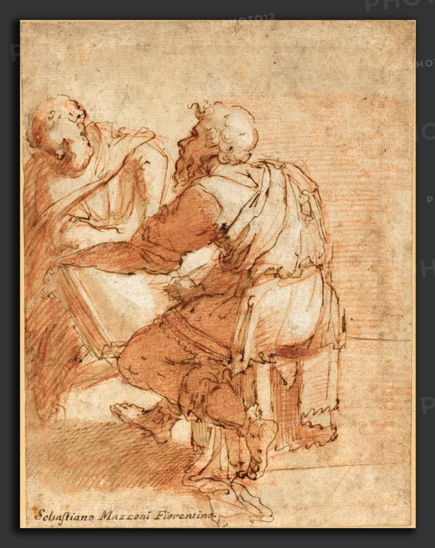 Domenico Beccafumi (Italian, c. 1485 - 1551), Study for "The Four Doctors of the Church", pen and brown ink with brown wash and red chalk heightened with white on laid paper