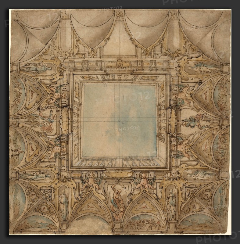 Lazzaro Tavarone (Italian, 1556 - 1641), A Ceiling Decoration with Landscapes and Battles, c. 1620, pen, brown ink, watercolor and black chalk on laid paper