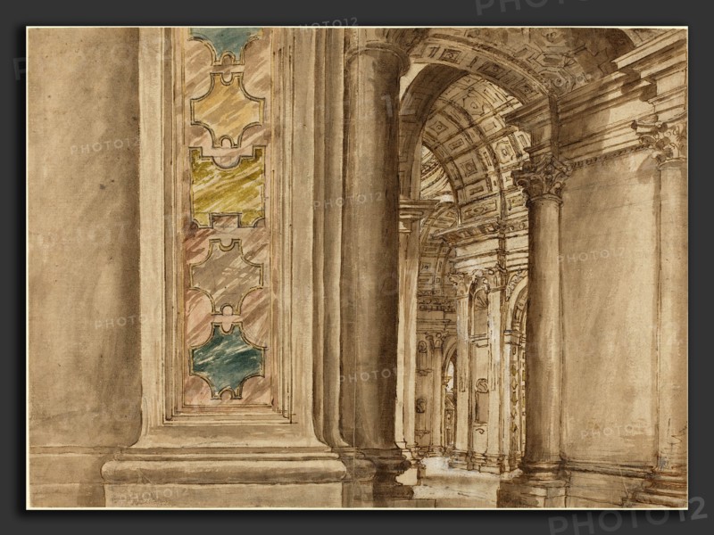 Italian 17th Century, The Interior of Saint Peter's, Rome, first quarter 17th century, pen and brown ink with brown wash and watercolor heightened with white over black chalk on laid paper