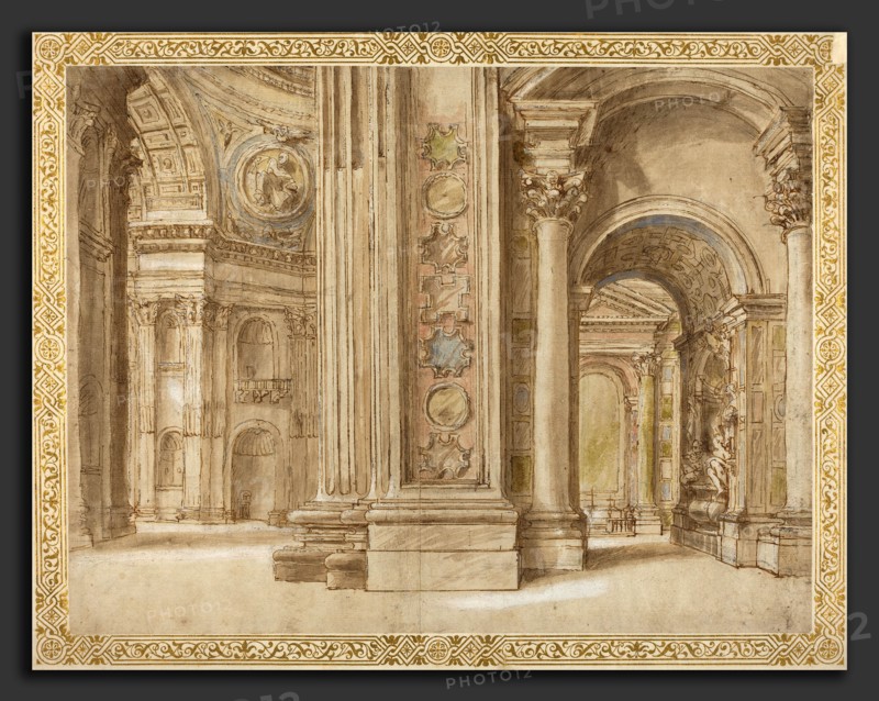 Italian 17th Century, The Interior of Saint Peter's, Rome, first quarter 17th century, pen and brown ink with brown wash and watercolor heightened with white over black chalk on laid paper