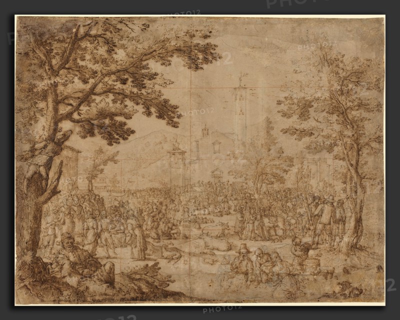 Remigio Cantagallina (Italian, 1582-1583 - 1656), The Fair at Impruneta, pen and brown ink with brown wash over black chalk, squared in red chalk