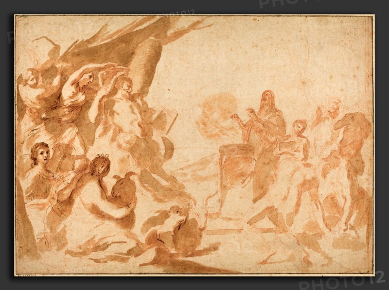 Andrea Sacchi (Italian, 1599 - 1661), A Sacrifice to Pan, early 1630s, pen and brown ink and wash over red chalk on laid paper; laid down
