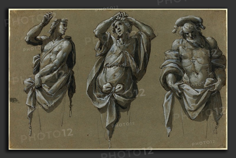 Giovanni Mauro della Rovere (Italian, 1575 - 1640), Three Herms, pen and black ink with gray wash and white heightening over black chalk on gray laid paper