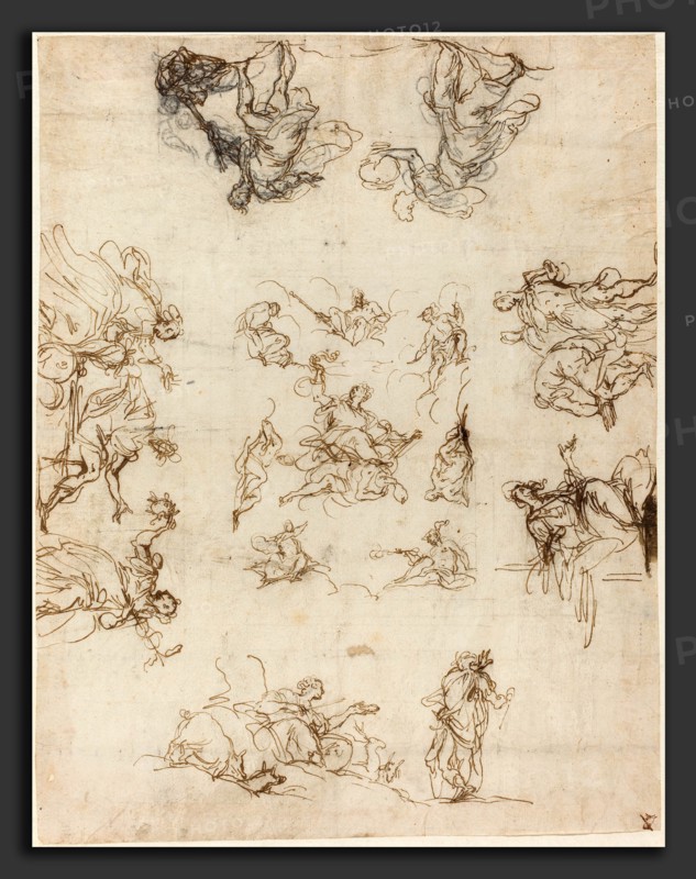Alessandro Maganza (Italian, 1556 - 1640), A Compartmented Ceiling with Allegories and Myths, 1590-1600, pen and brown ink over black chalk on laid paper