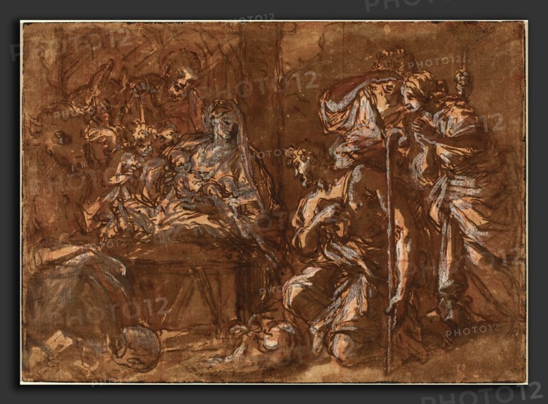 Giuseppe Passeri (Italian, 1654 - 1714), The Adoration of the Shepherds, pen and brown ink with brown wash over red chalk, heightened with white on laid paper, squared for transfer