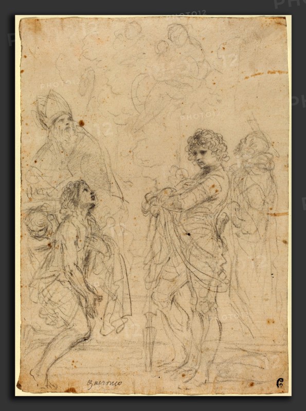 Giovanni Francesco Barbieri, called Guercino (Italian, 1591 - 1666), Madonna and Child with Saints Gimignano, John the Baptist, George and Peter Martyr, black chalk on laid paper