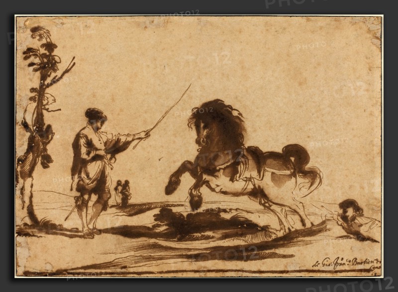 Giovanni Francesco Barbieri, called Guercino (Italian, 1591 - 1666), Landscape with the Taming of a Horse, 1620-1630, pen and brown ink (iron gall) with brown wash on laid paper