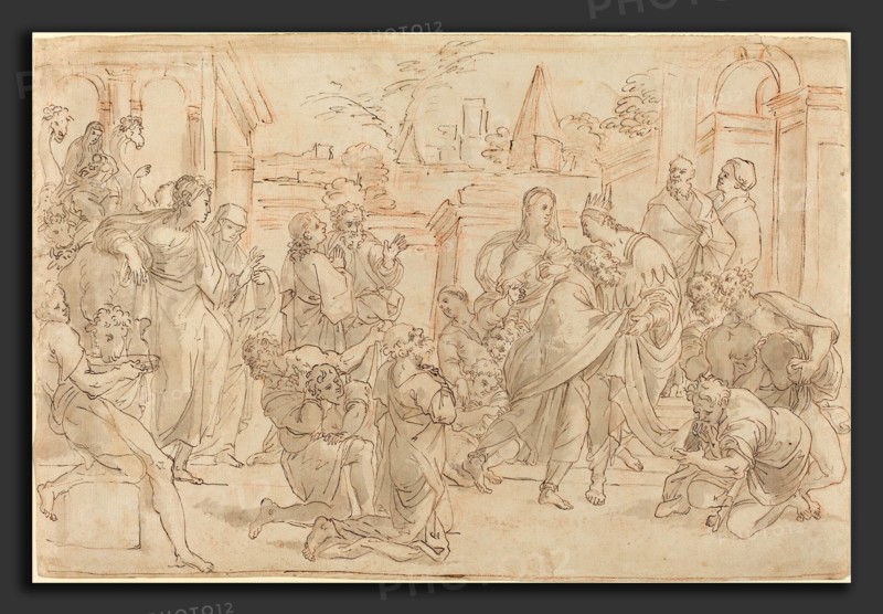 Italian 17th Century, Joseph and His Brother in Egypt, 17th century, pen and brown ink with brown wash over red chalk on laid paper