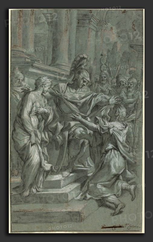 Italian 17th Century, Scipio Restoring His Captive to Her Lover, 17th century, black chalk with black wash and white heightening on green-blue paper