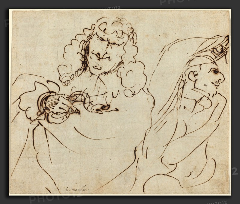 Pier Francesco Mola (Italian, 1612 - 1666), Caricature with Mola Protecting Himself from Carlo Maratta Holding a Viper, pen and brown ink on laid paper