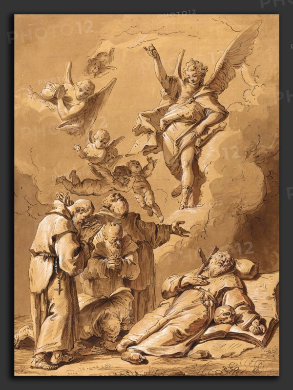 Follower of Francesco Fontebasso, Death of a Holy Friar, 18th century, pen and brown ink, brush and brown ink, and brown wash, heightened with white, on prepared laid paper