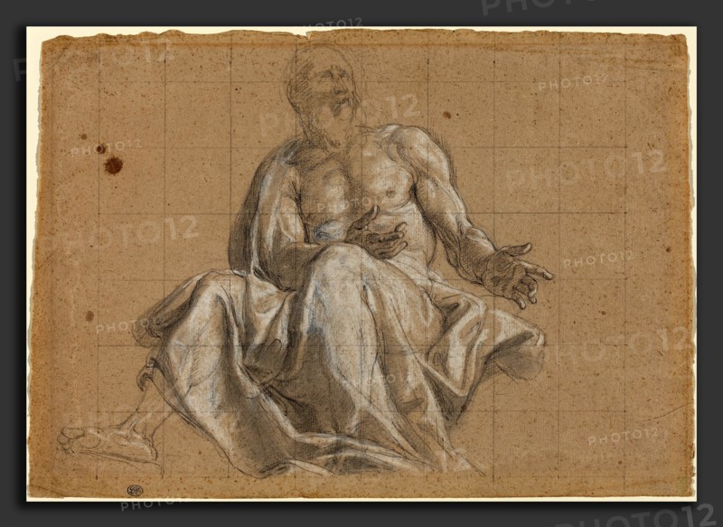 Roman 18th Century, An Elderly Man in Classical Drapery, 18th century, black and white chalk with stumping on oatmeal paper, squared for transfer