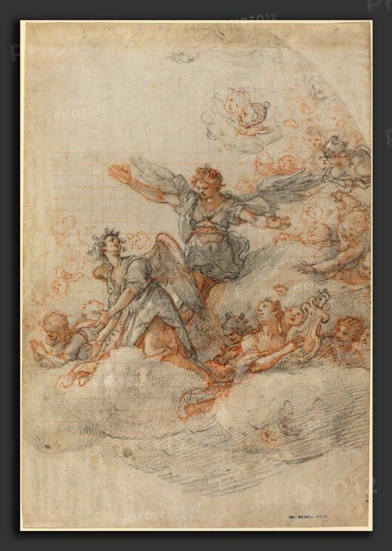 Federico Zuccaro (Italian, 1542-1543 - 1609), Angels and Putti in the Clouds, 1566, red and black chalk, incised with stylus, on laid paper squared with red chalk