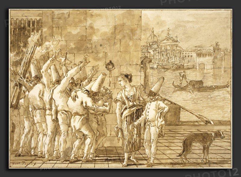 Giovanni Domenico Tiepolo (Italian, 1727 - 1804), Punchinello's Farewell to Venice, 1797-1804, pen and brown ink with brown wash over black chalk on laid paper