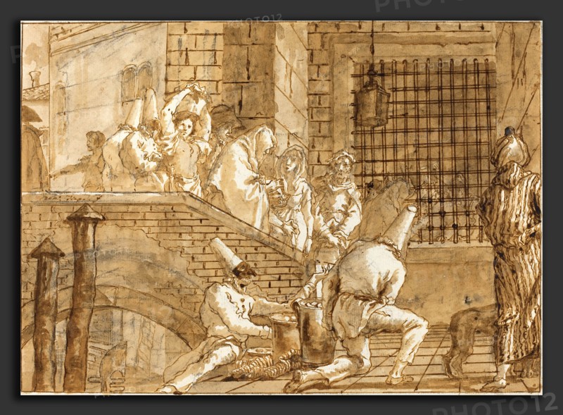 Giovanni Domenico Tiepolo (Italian, 1727 - 1804), The Prison Visit, 1797-1804, pen and brown ink with brown wash over black  chalk on laid paper
