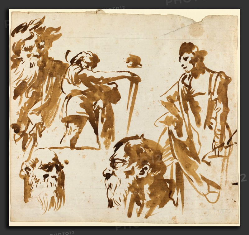 Giovanni Domenico Tiepolo (Italian, 1727 - 1804), Figures and Faces, 1750s, brush and brown wash on laid paper