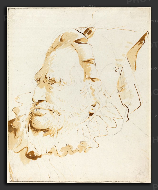 Giovanni Battista Tiepolo (Italian, 1696 - 1770), Head of a Magician, c. 1760, pen and brown ink with golden-brown wash over graphite on laid paper