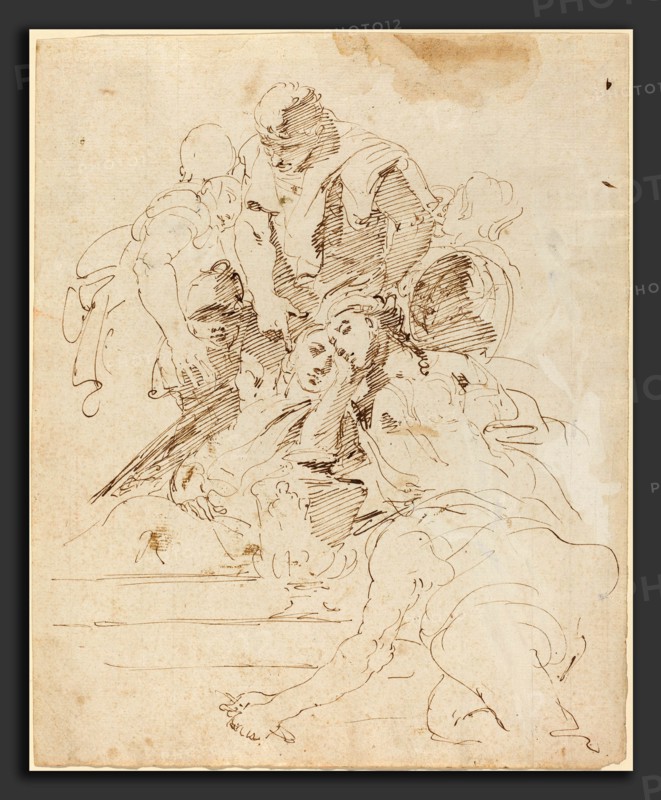 Giovanni Battista Tiepolo (Italian, 1696 - 1770), Classical Figures Gathered around an Urn, 1724-1729, pen and brown ink on laid paper; black chalk sketches of mostly architecture on verso