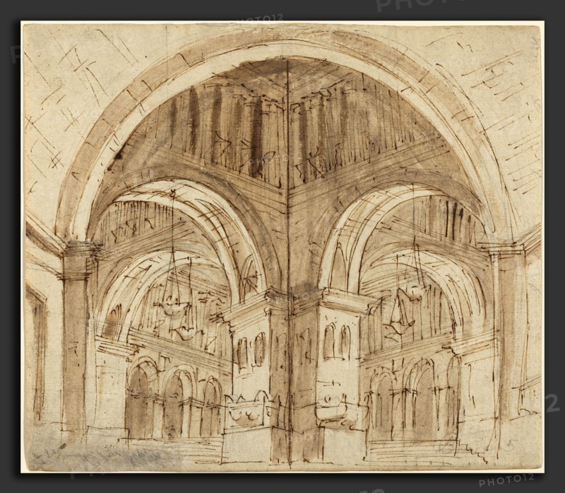 Lorenzo Sacchetti (Italian, 1759 - after 1834), Design for a Vaulted Hall, pen and brown ink with brown wash over black chalk on laid paper