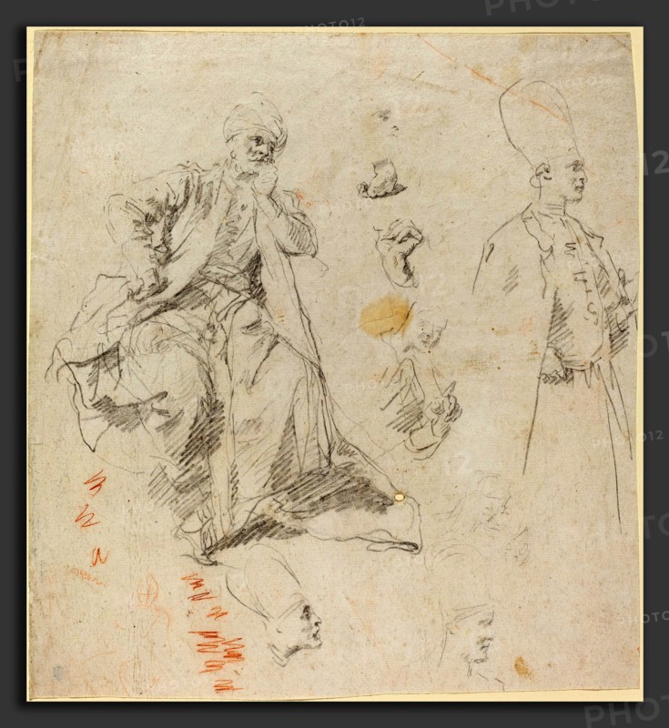 Giovanni Battista Piazzetta (1683 - 1754), Caliph Aladin and His Counselors, late 1730s, black chalk (with extraneous marks in red chalk) on laid paper