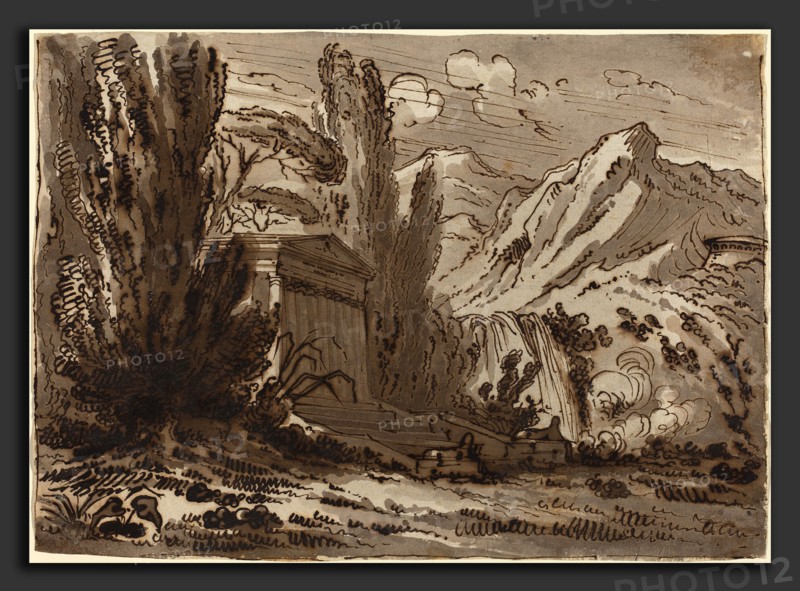 Felice Giani (Italian, 1758 - 1823), Mountainous Landscape with Classical Temple, pen and brown ink with brown wash
