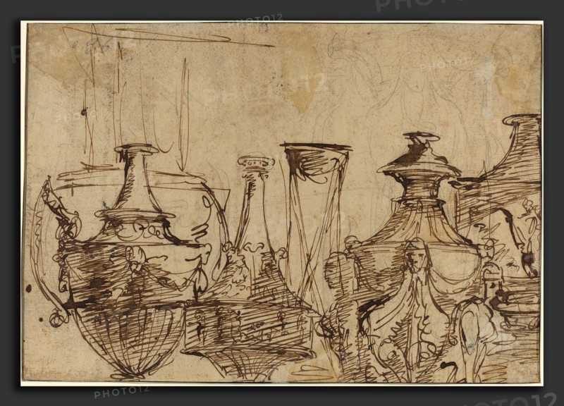 Giuseppe Cades (Italian, 1750 - 1799), Designs for Vases, pen and brown ink over graphite on laid paper