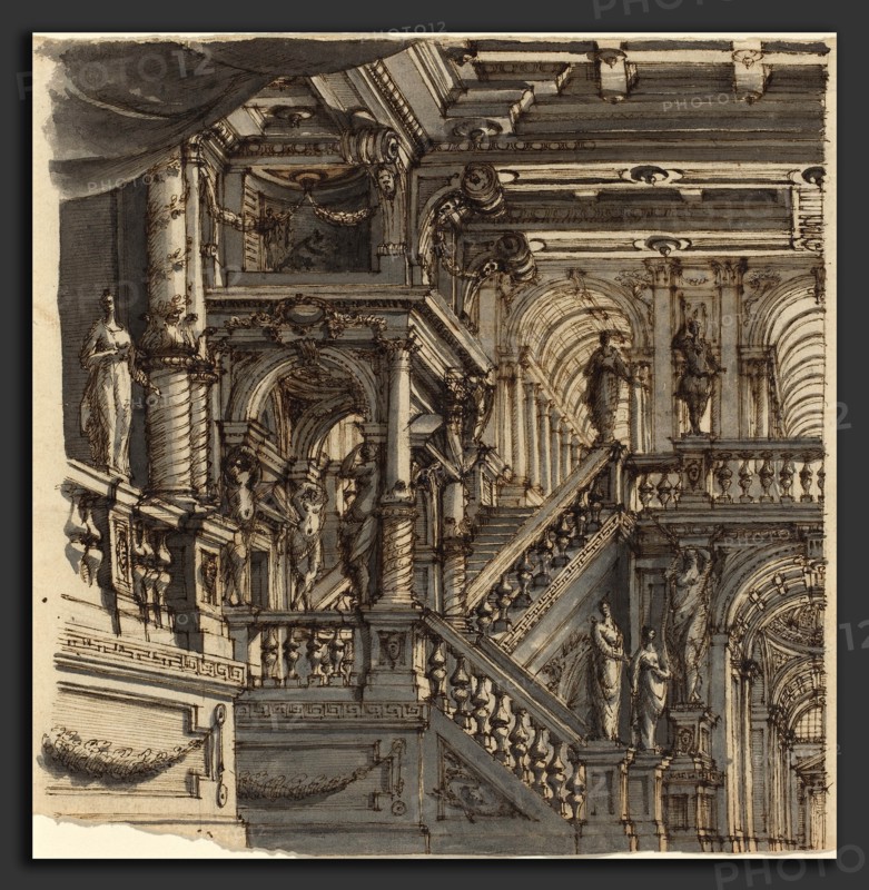 Bibiena (family member) (Italian, active 18th century), An Elaborate Staircase in a Palace, pen and brown ink with gray wash