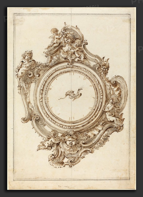 Giovanni Bettati (Italian, 1700 - 1777), A Rococo Clock with Sirens, Putti, Masks, and a Bird of Paradise Pointer, pen and brown ink with brown and gray wash over graphite and black chalk on laid paper
