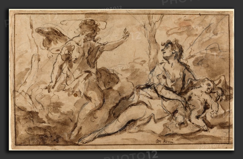 Sebastiano Ricci (Italian, 1659 - 1734), The Angel Appearing to Hagar and Ishmael, 1726-1727, pen and brown ink and brown wash over black and red chalk on laid paper