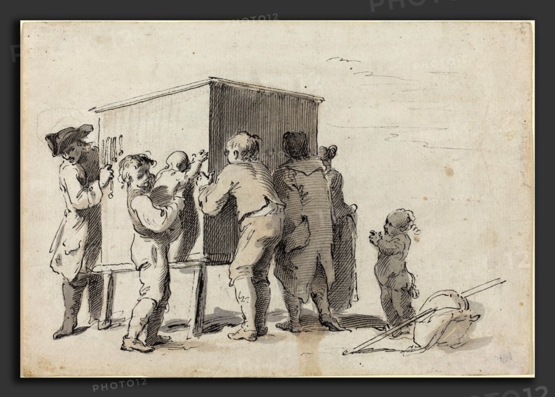 Pietro Antonio Novelli (Italian, 1729 - 1804), The Peep-Show, c. 1770, pen and brown ink with gray and brown wash over black chalk on laid paper