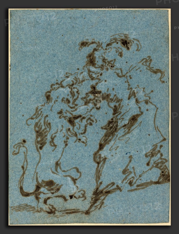 Francesco Guardi (Italian, 1712 - 1793), An Elegantly Dressed Woman Struggling with a Lion, 1782, pen and brown ink with white heightening on blue laid paper