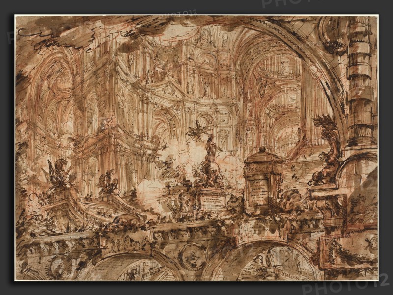 Giovanni Battista Piranesi (Italian, 1720 - 1778), A Magnificent Palatial Interior, c. 1750, pen and brown ink and wash with graphite over red chalk on laid paper