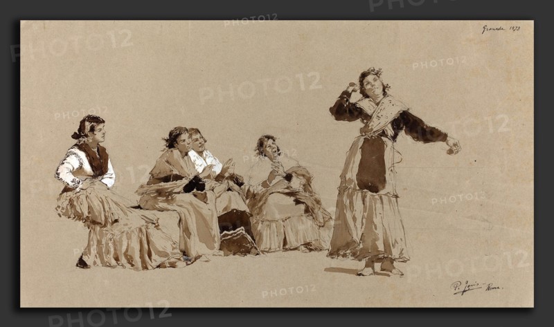 Pio Joris (Italian, 1843 - 1921), Spanish Dancers, 1873, pen and brown ink with brown wash and white heightening over graphite